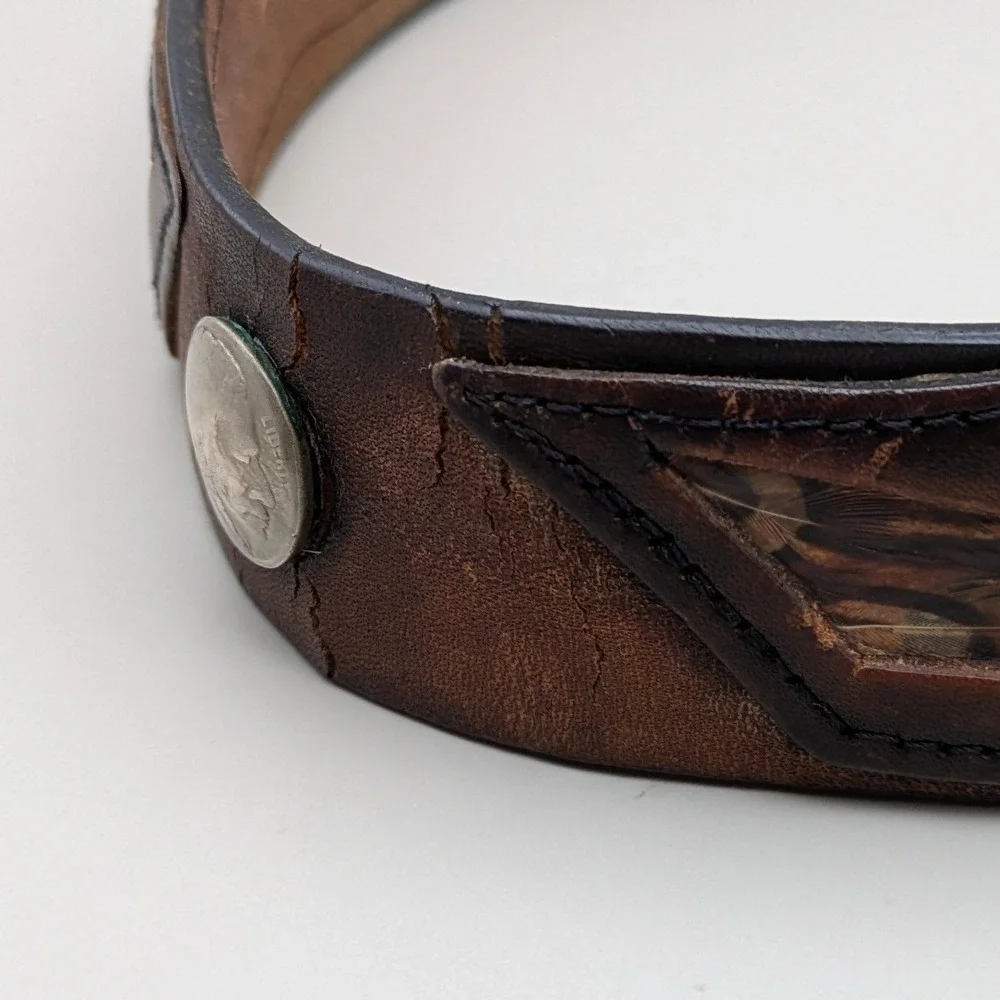 Vintage Indian Motorcycle Tooled Leather Belt Feather Buffalo Nickel Concho Sz34
